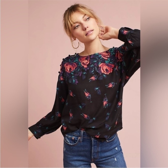 Anthropologie Maeve Gardenia Black Pink Purple Floral Linen Blend Blouse Top XS - Picture 1 of 16